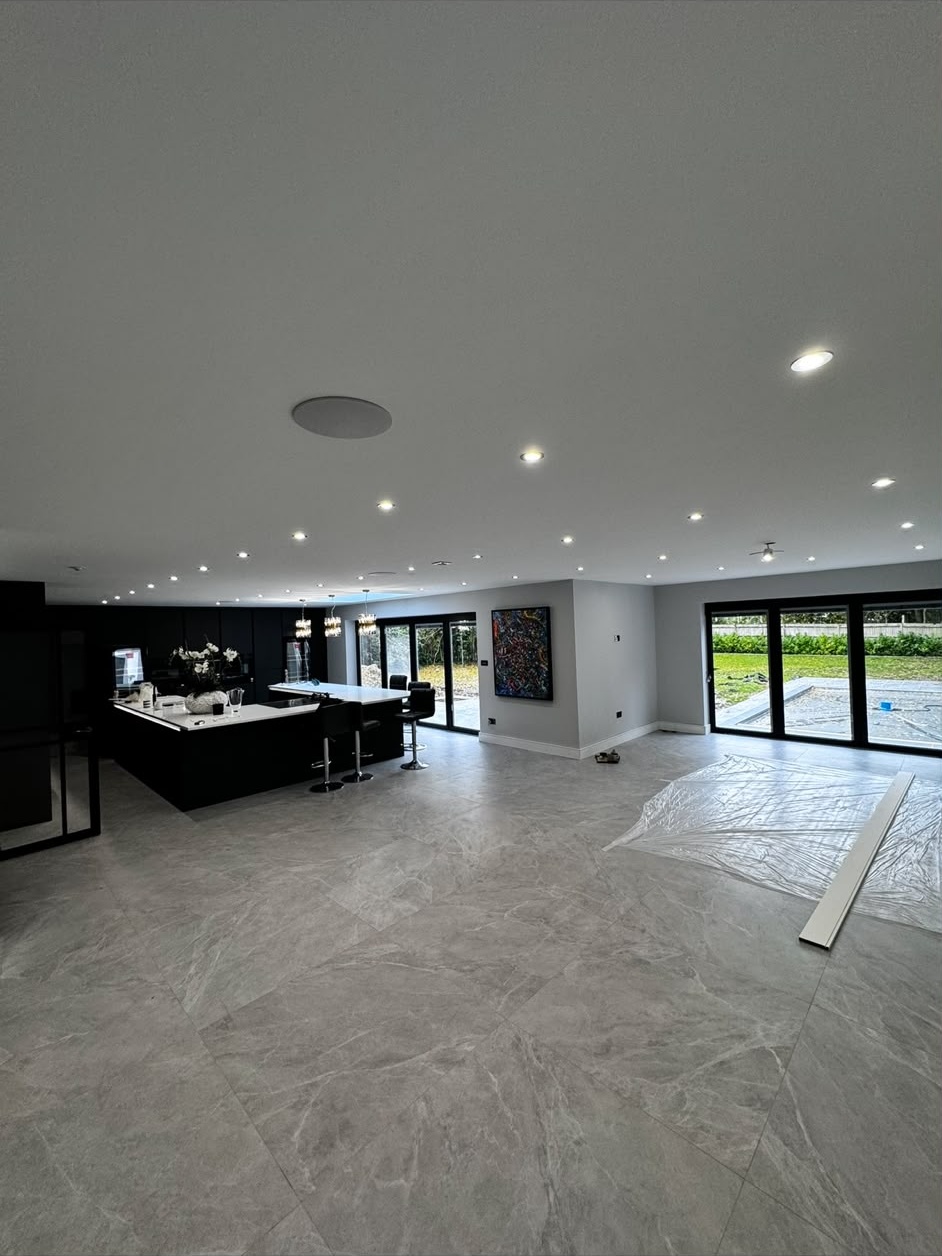 Open-plan kitchen and living area with new lighting circuits from a full electrical installation in Hampshire